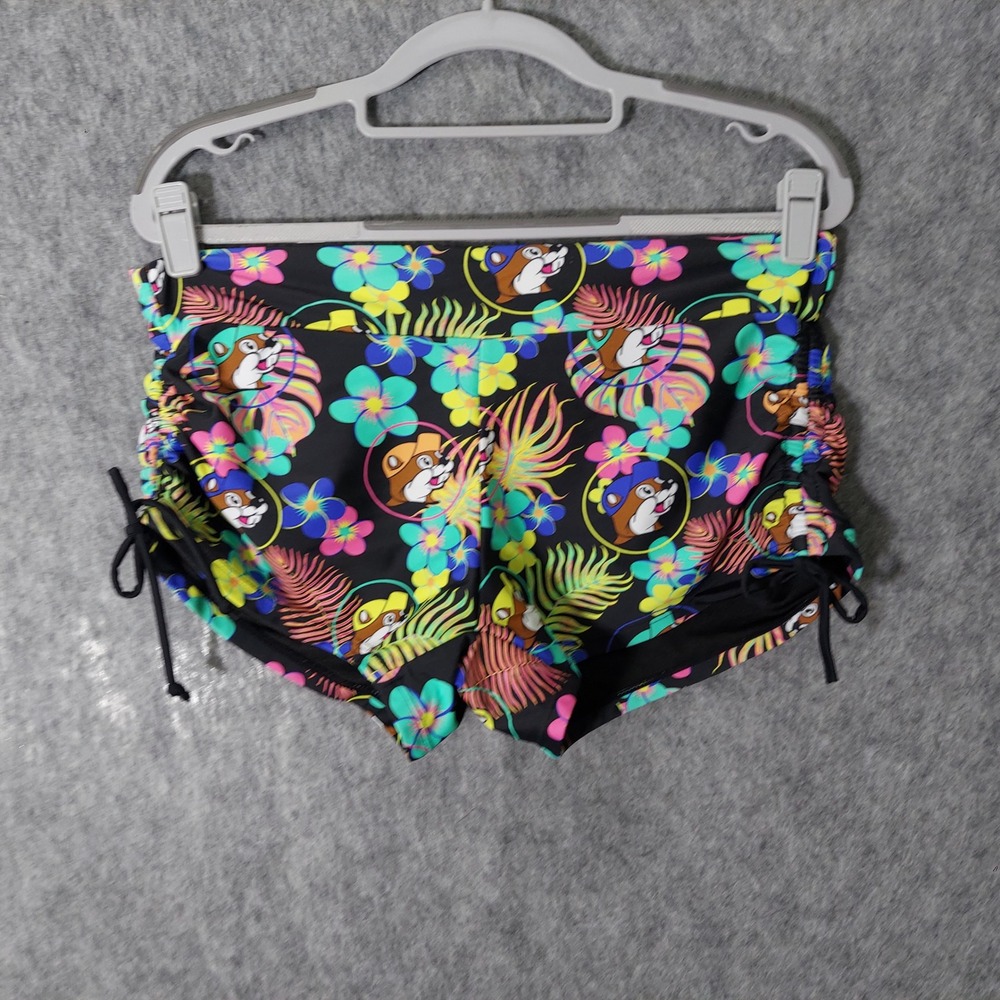 Buc-ees Women Swim Shorts L Black Tropical Floral Ruched Side Beaver Print